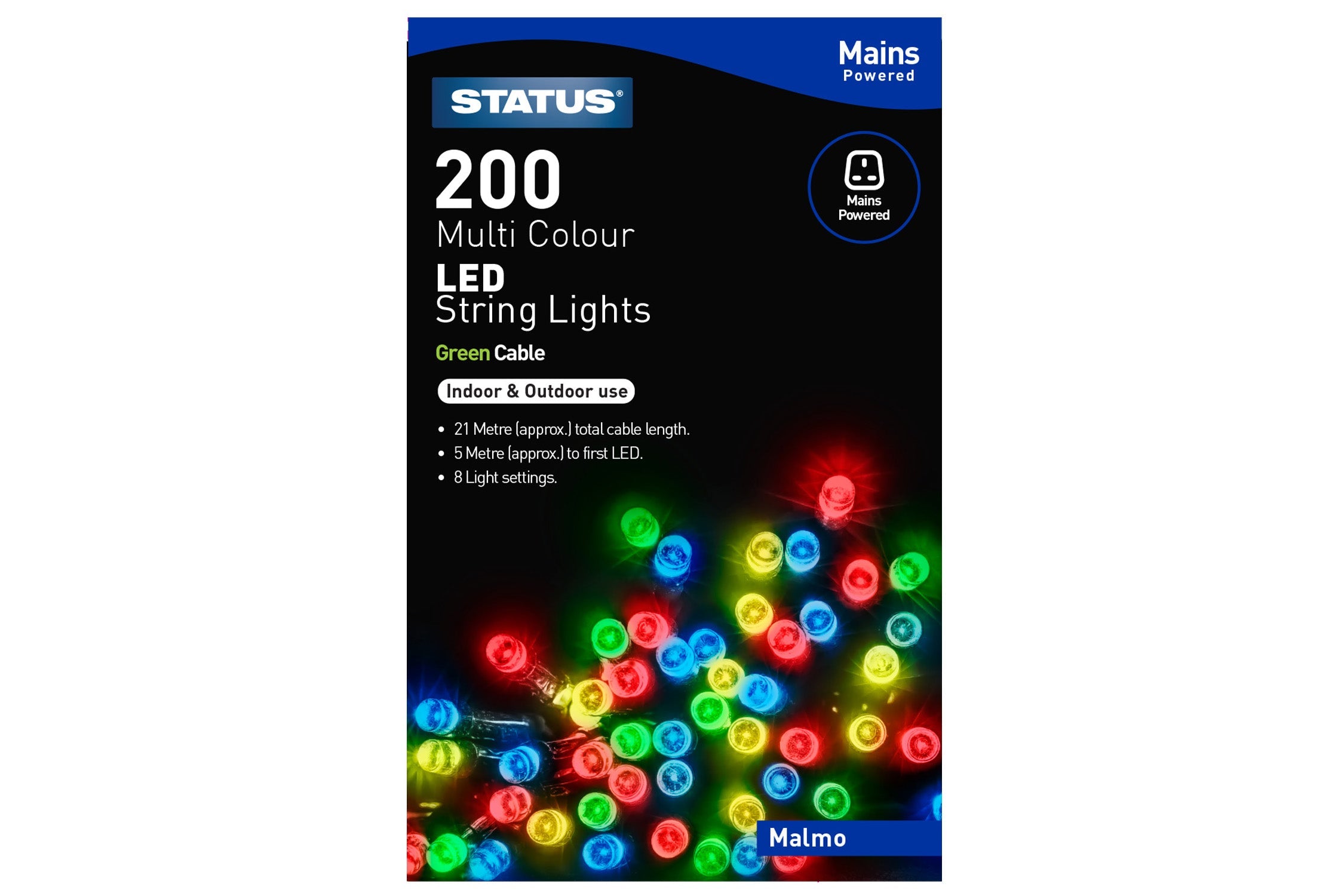 Status Malmo 200 LED String Lights - Multicoloured, 21m - maplin.co.uk