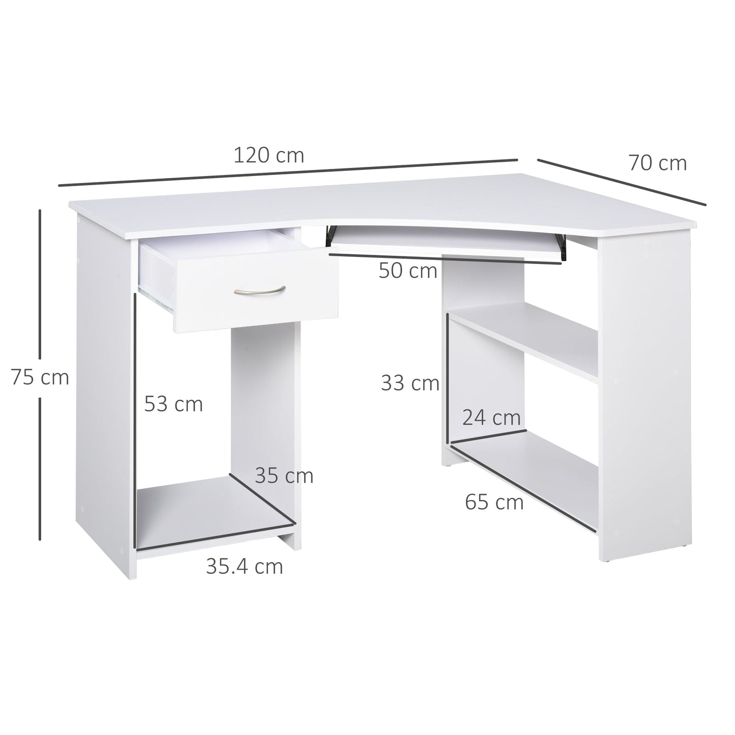 ProperAV Extra L-Shaped Corner Computer Desk & 2-Tier Side Shelves Wide Table Top with Keyboard Tray Office Study Bedroom Furniture - White - maplin.co.uk