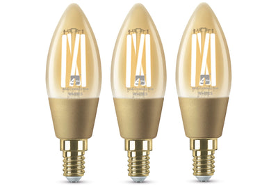 4lite WiZ Connected C35 Candle Filament Amber WiFi LED Smart Bulb - E14 Small Screw Pack of 3