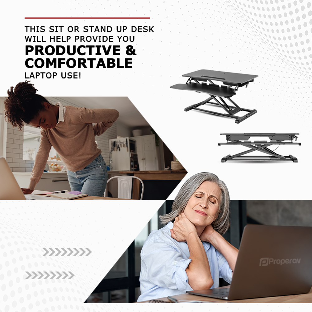 ProperAV Two Tier Worktop Stand Up Desk Converter with Gas Spring Lift & Variable Height Settings - Black - maplin.co.uk