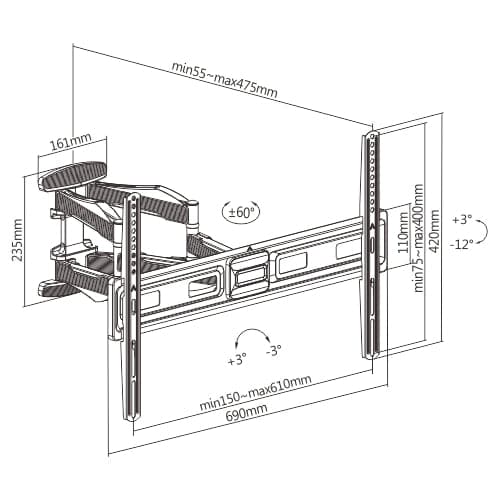 ProperAV Heavy Duty Swing Arm 37" - 70" TV Wall Bracket (45kg Capacity / VESA Max. 600x400) - Black