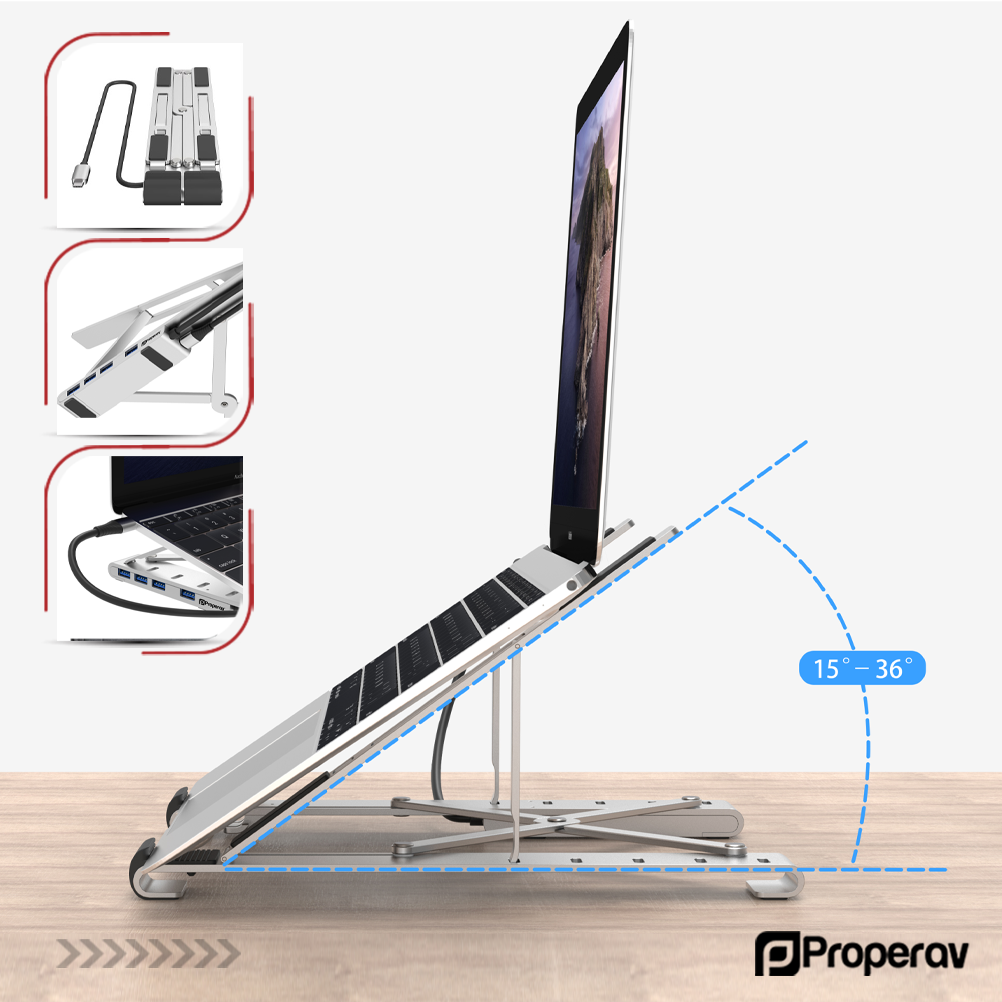ProperAV Aluminium Portable Laptop or Tablet Stand with Built-in 100W USB-C Hub / 4 x USB-A Ports - Silver - maplin.co.uk