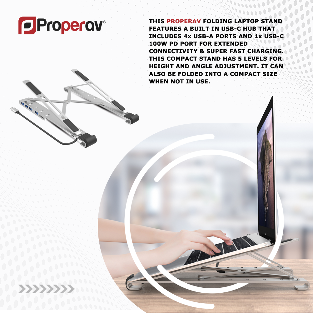 ProperAV Aluminium Portable Laptop or Tablet Stand with Built-in 100W USB-C Hub / 4 x USB-A Ports - Silver - maplin.co.uk