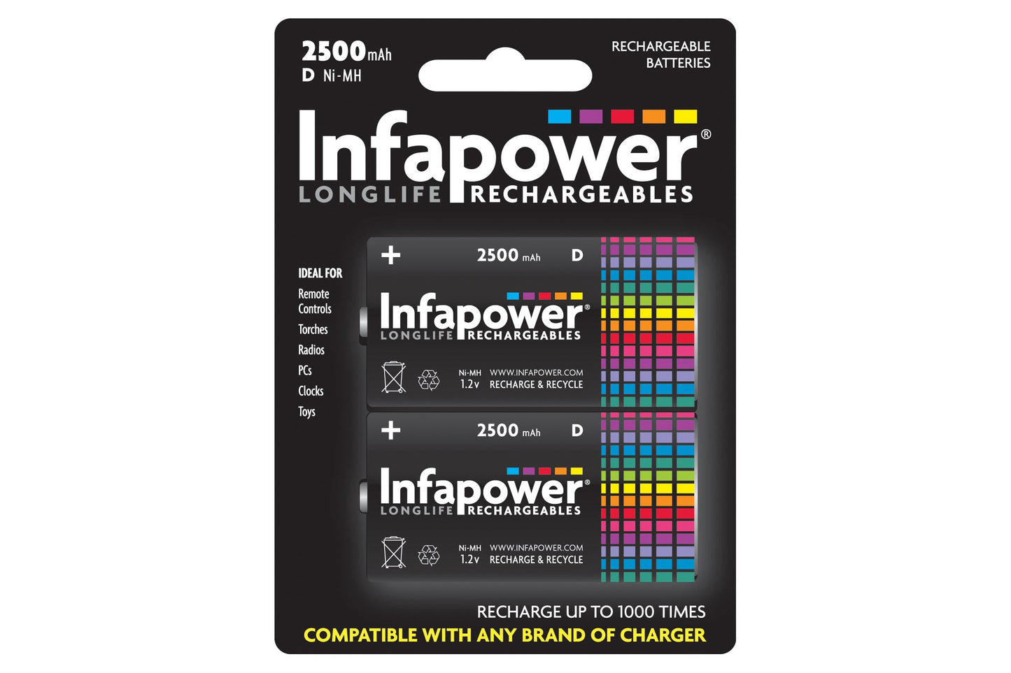 InfaPower 2500mAh Rechargeable Ni-MH Type D Batteries - Pack of 2 - maplin.co.uk