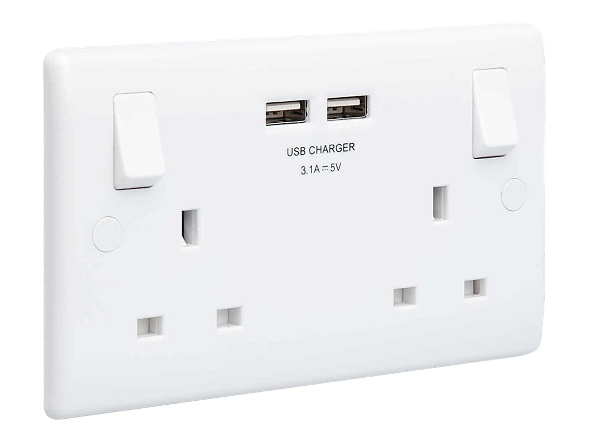 British General Round Edge 13A 2 Gang Switched Socket with 2x USB-A 3.1A - White - maplin.co.uk