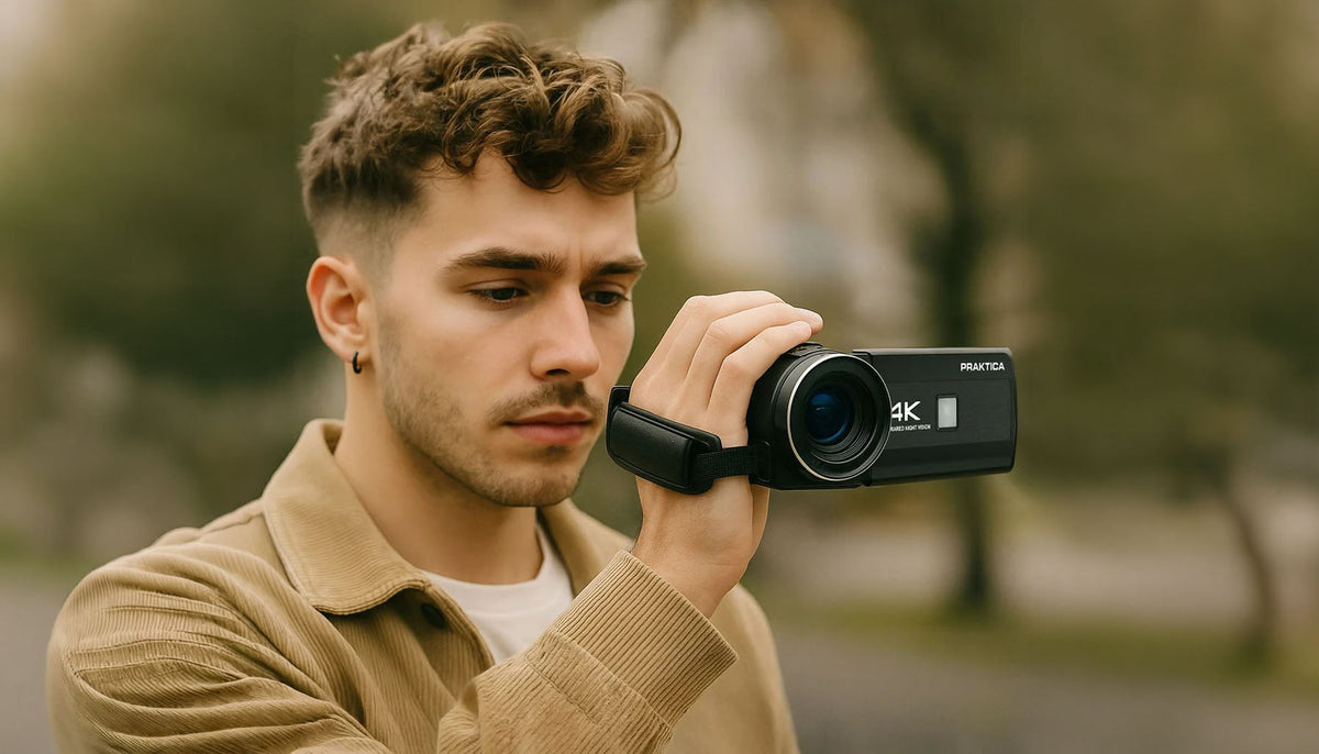 A man recording with a Praktica camcorder