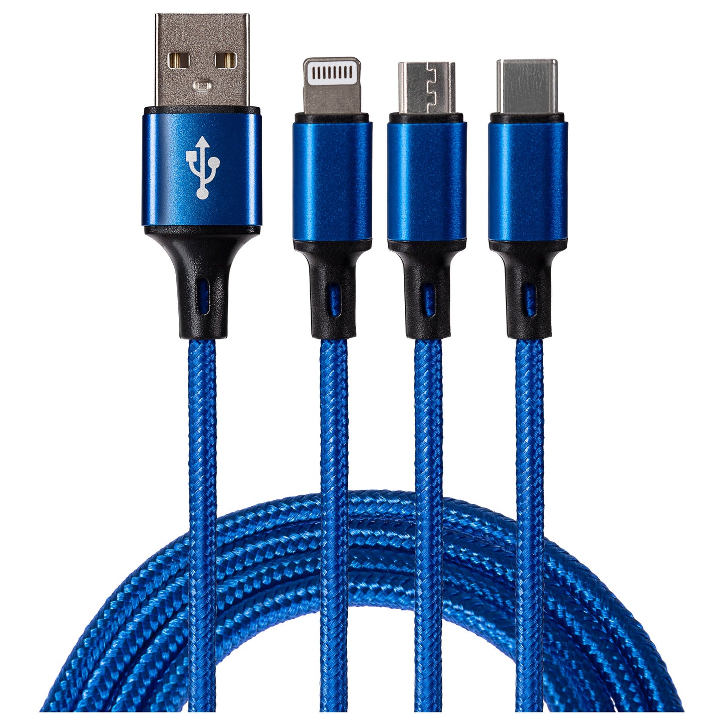 Maplin 3-in-1 USB-A to USB-C / Lightning / Micro USB Braided Charging Cable - 1.2m - maplin.co.uk