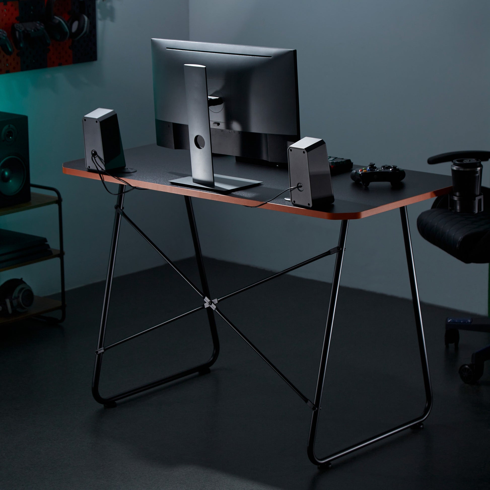 Maplin Gaming Desk with Headphone Hook & Cup Holder - Matte Black & Orange - maplin.co.uk