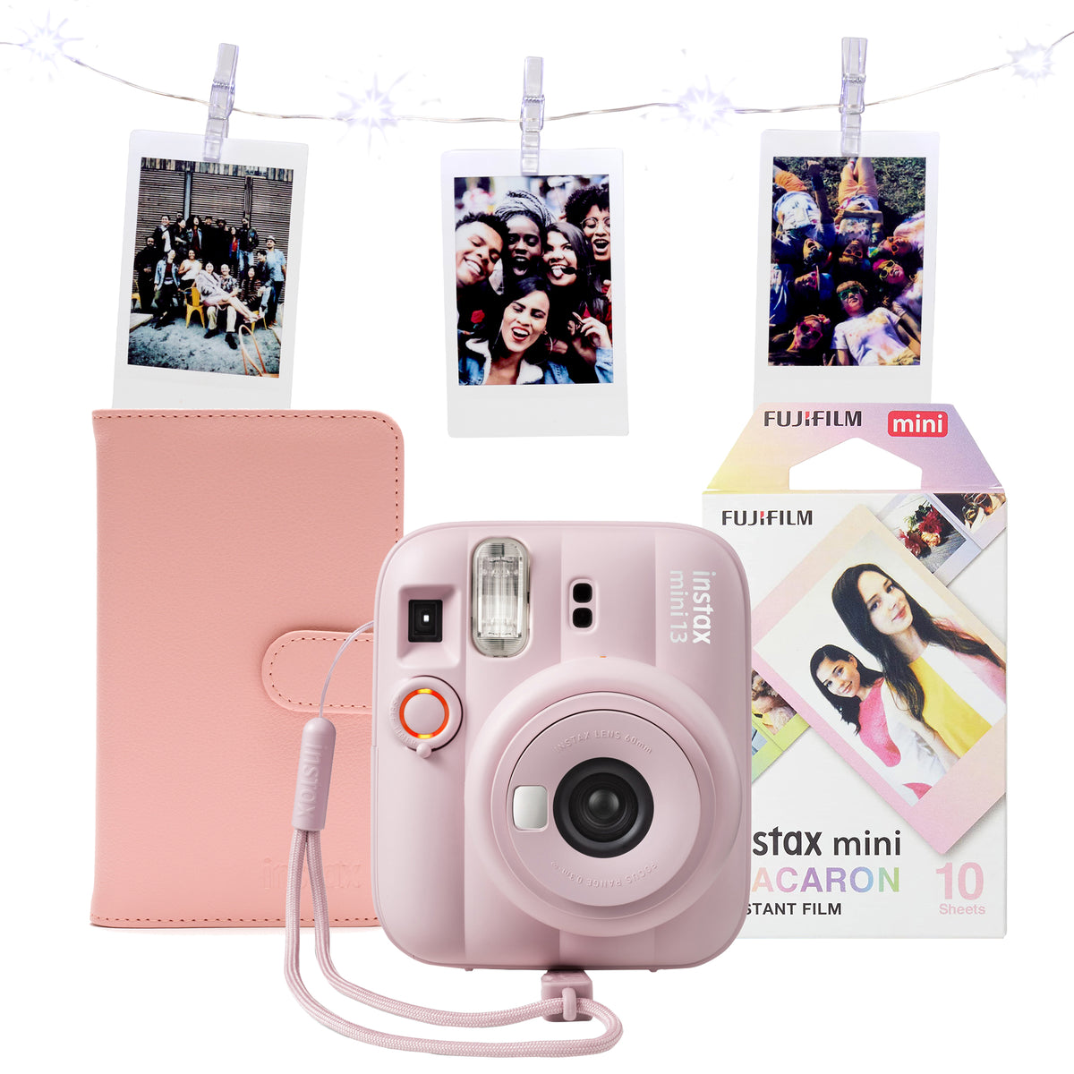 Fujifilm Instax Mini 13 Instant Camera with Album, LED String Lights & 10 Shot Macaron Pack - Candy Pink