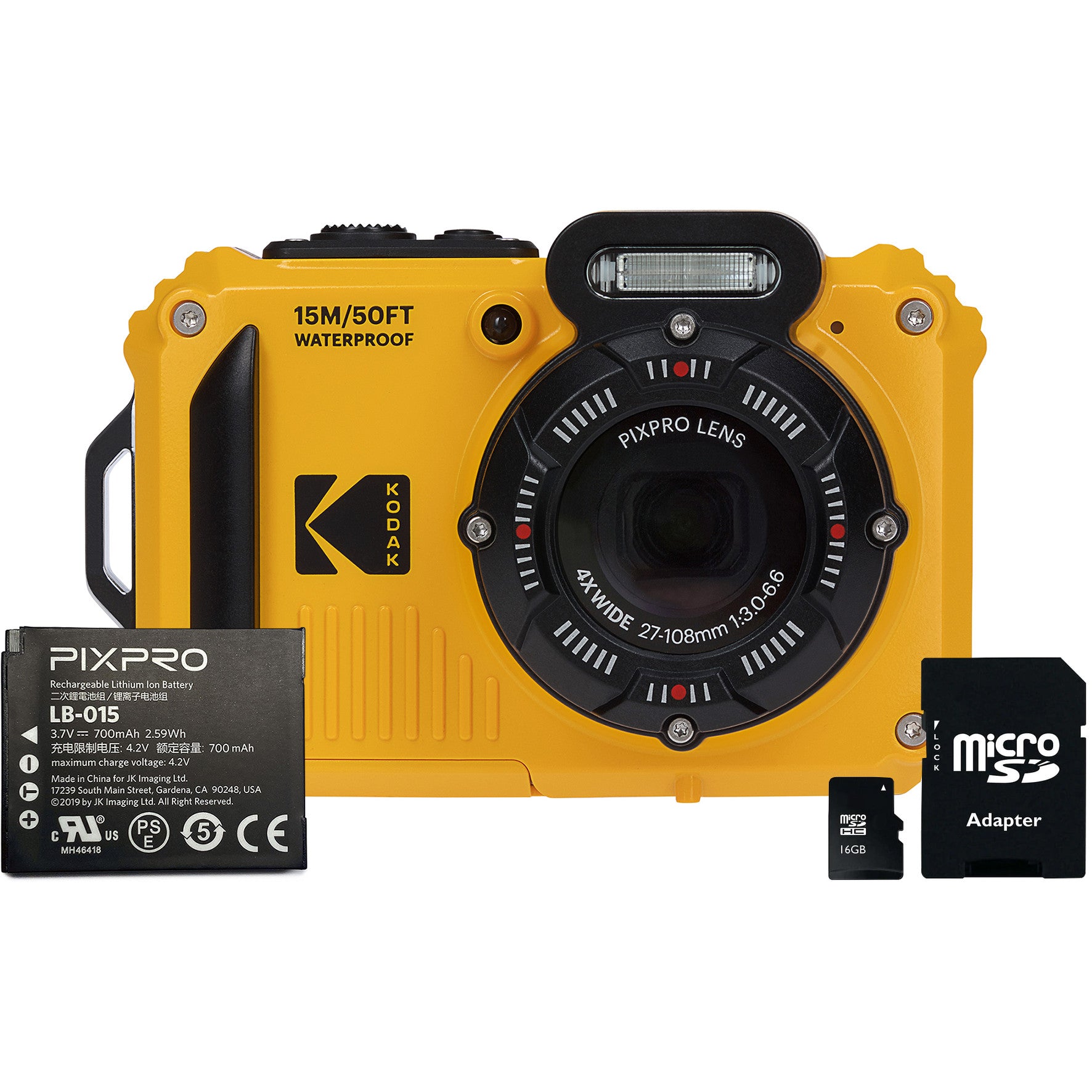 Kodak PIXPRO WPZ2 16MP 4x Zoom Tough Compact Camera - Yellow Camera + 16GB SD Card + Battery