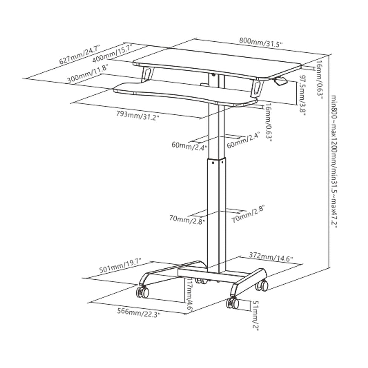 ProperAV Two Tier Mobile Desk Trolley Workstation with Gas Spring Height Adjustment - White - maplin.co.uk