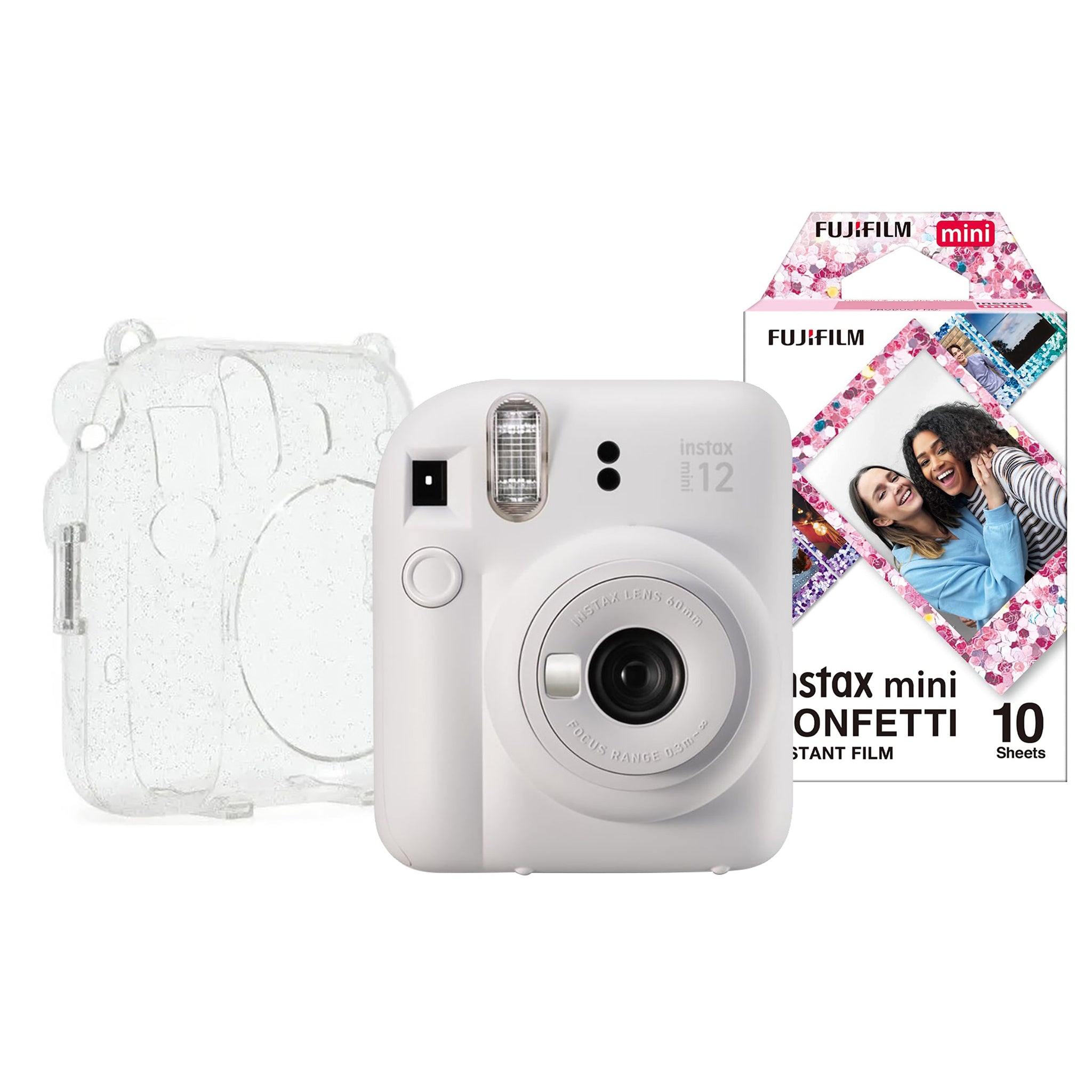 Fujifilm Instax Mini 12 Instant Camera - Clay White Camera + 10 Shot Confetti Pack + Case