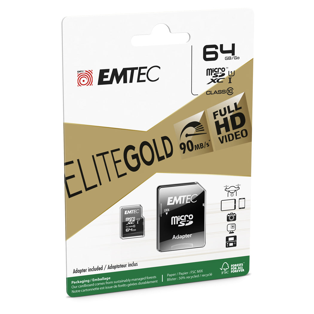 EMTEC 64GB UHS-I U1 EliteGold MicroSD Memory Card with Adapter