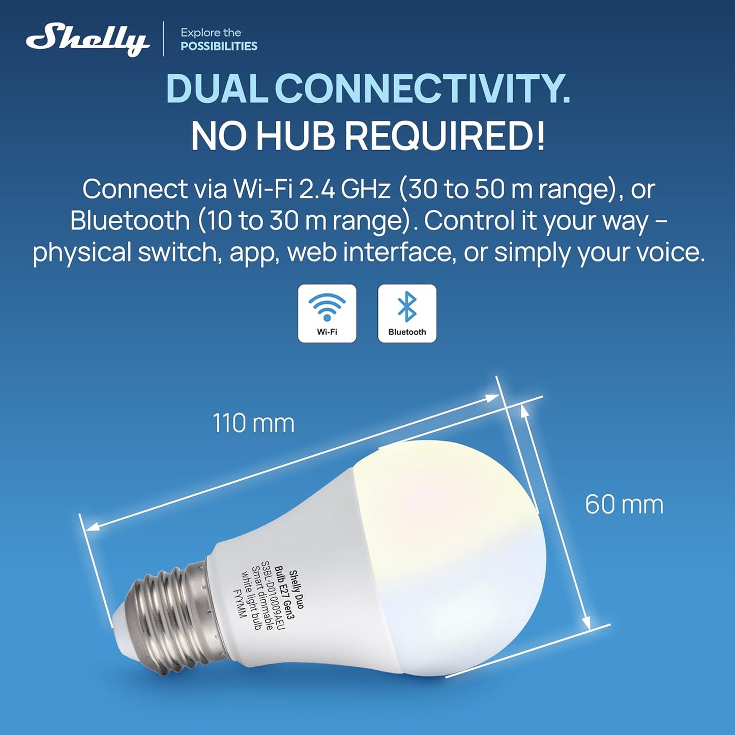 Shelly Duo E27 Gen3 Adjustable White WiFi & Bluetooth Smart Bulb