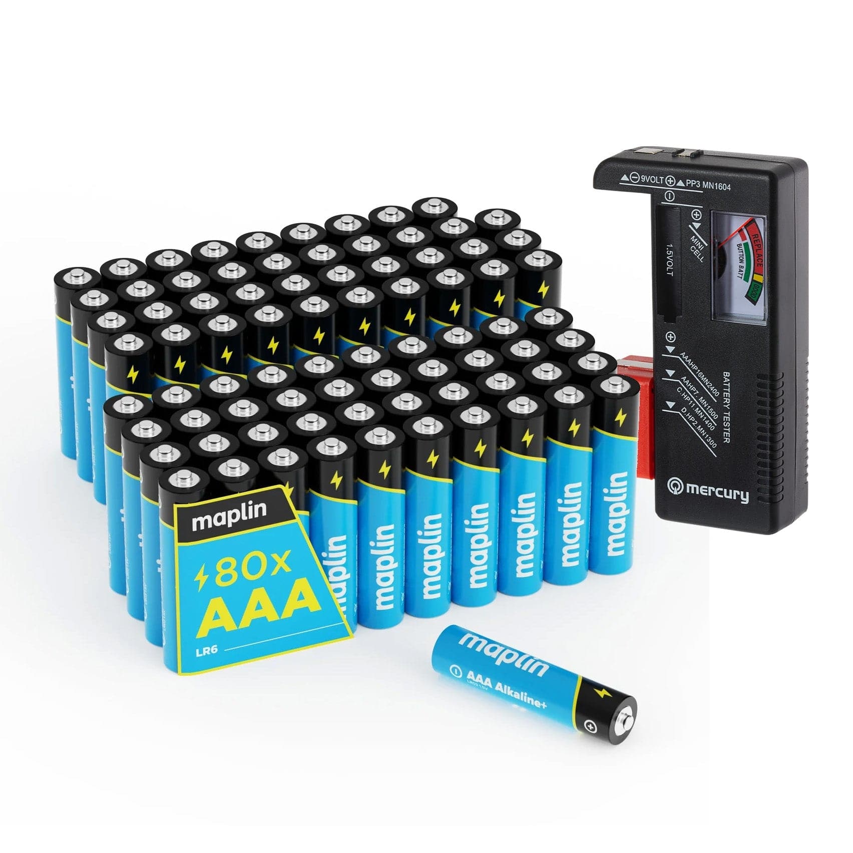 Maplin 80x AAA LR03 7 Year Shelf Life 1.5V High Performance Alkaline Batteries with Universal Battery Tester - maplin.co.uk