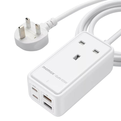 MOMAX OnePlug 65W GaN Extension Plug Socket Power Strip with 2x USB-C & 2x USB-A - 2m