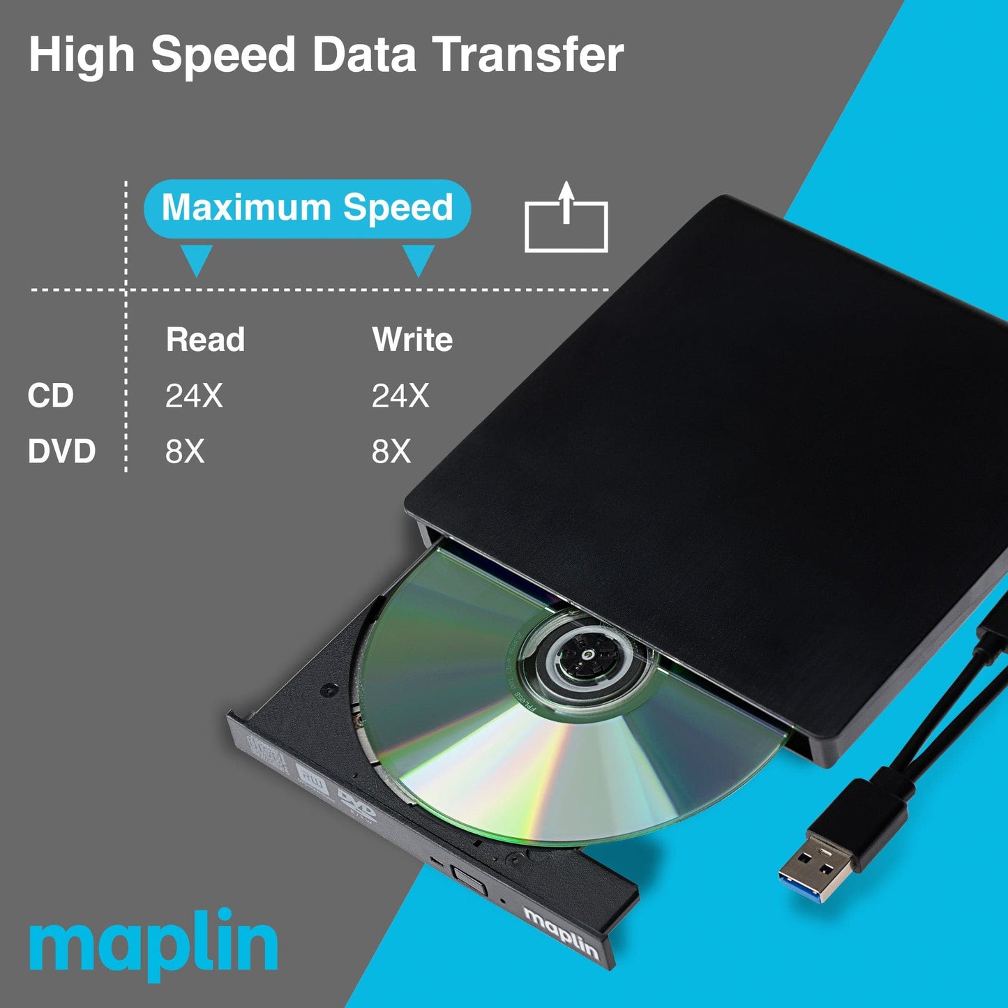 Maplin External CD DVD Optical Drive Reader & Writer Burner with Built-In USB-C / USB-A 3.0 Cables - maplin.co.uk