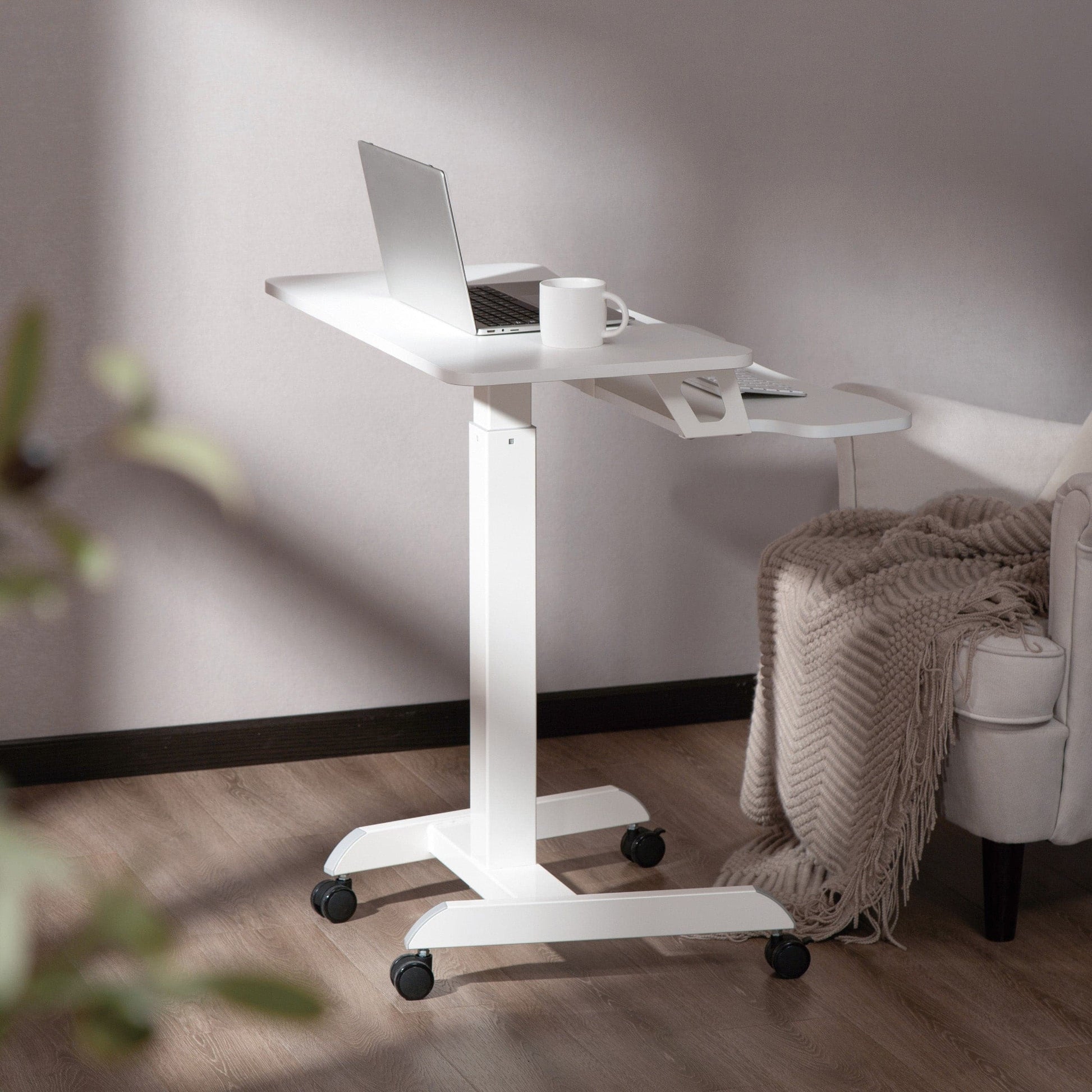 ProperAV Two Tier Mobile Desk Trolley Workstation with Gas Spring Height Adjustment - White - maplin.co.uk