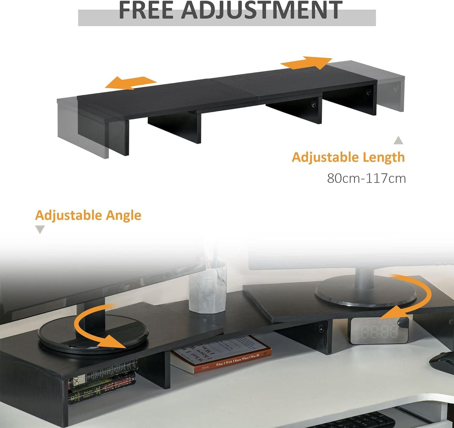 ProperAV Extra Dual Monitor Stand Riser with Adjustable Length & Angle - Black - maplin.co.uk