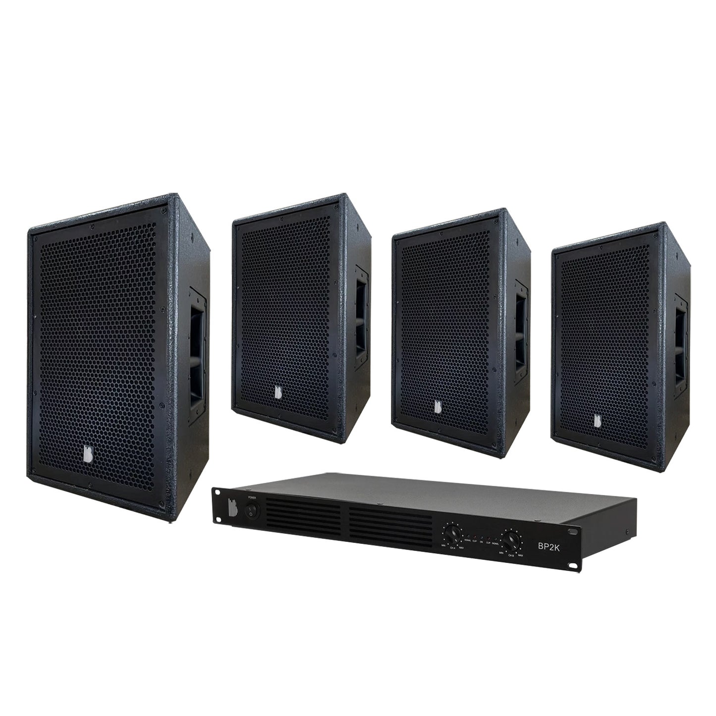 Bundle: ProSound BP2k Power Amplifier 2000w + 4x Delta Plywood 8" Trapezoidal 250w RMS Full Range Speakers