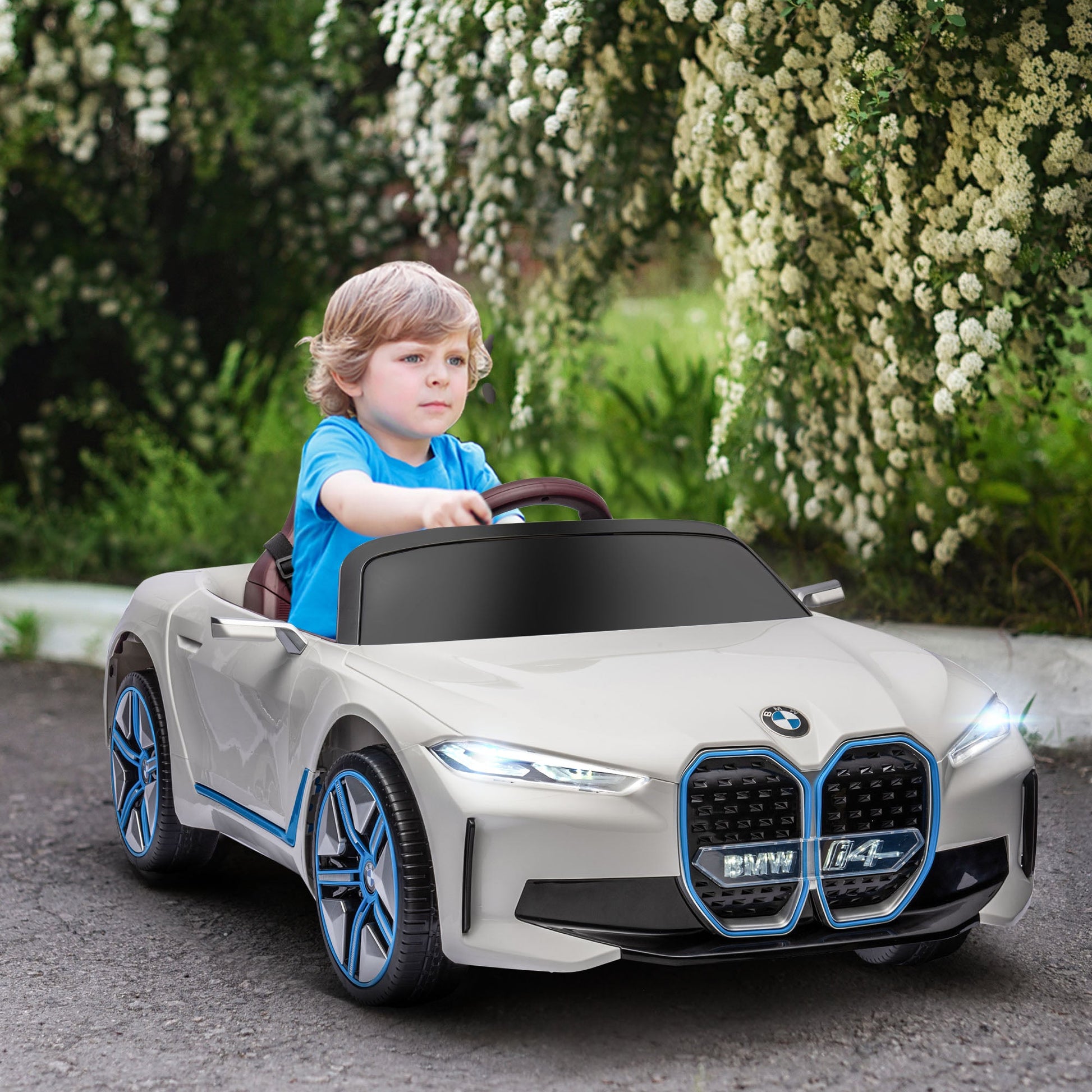 HOMCOM BMW i4 Licensed 12V Kids Electric Ride On Car with Remote Control, Portable Battery, Music, Horn & Headlights - maplin.co.uk