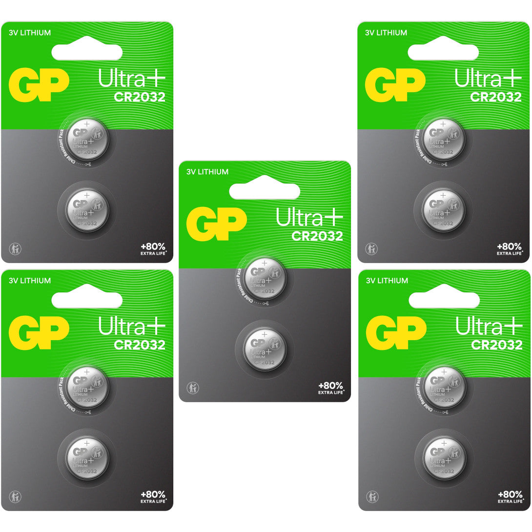 GP CR2032 Ultra Plus 3V Lithium Coin Cell Batteries - Pack of 10