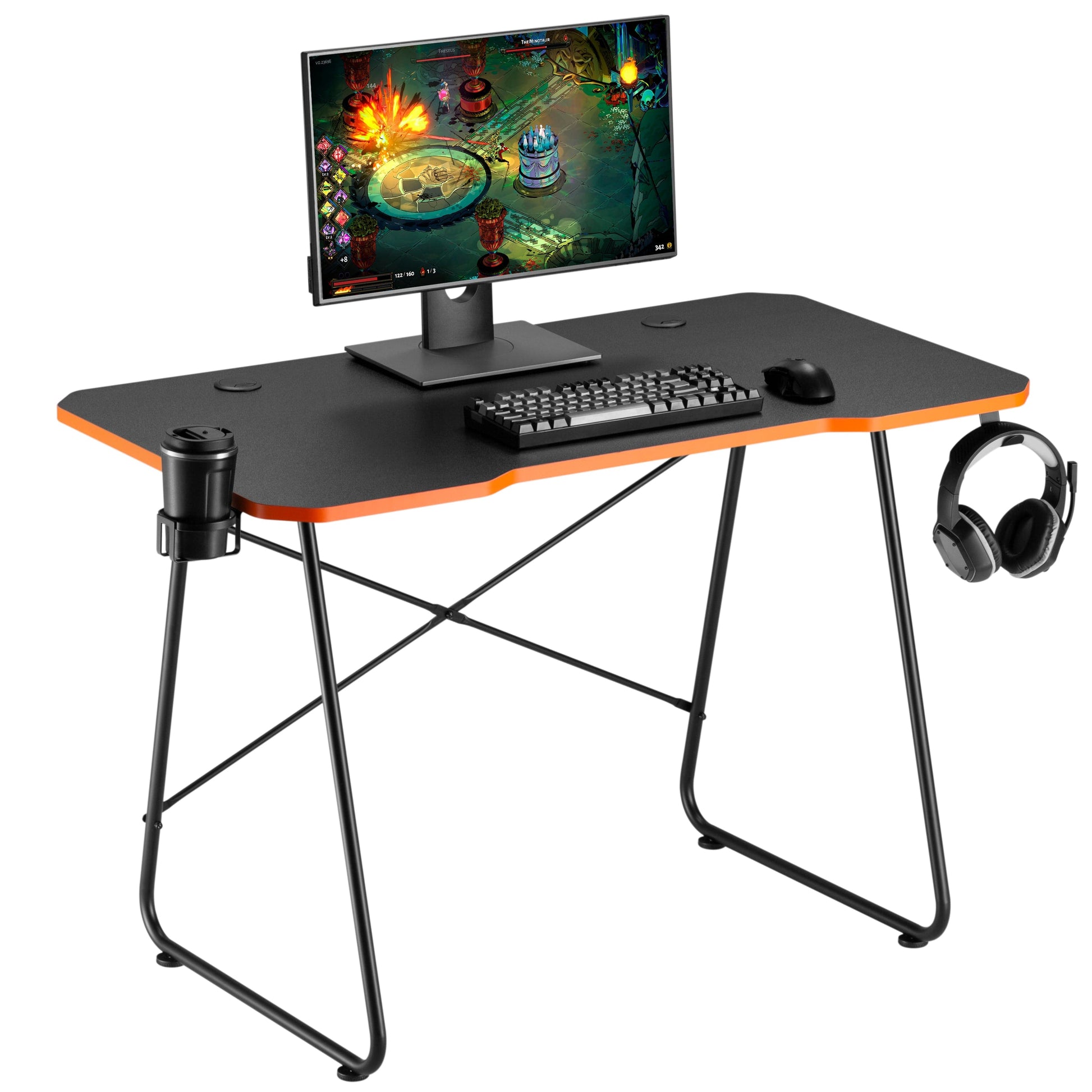 Maplin Gaming Desk with Headphone Hook & Cup Holder - Matte Black & Orange - maplin.co.uk