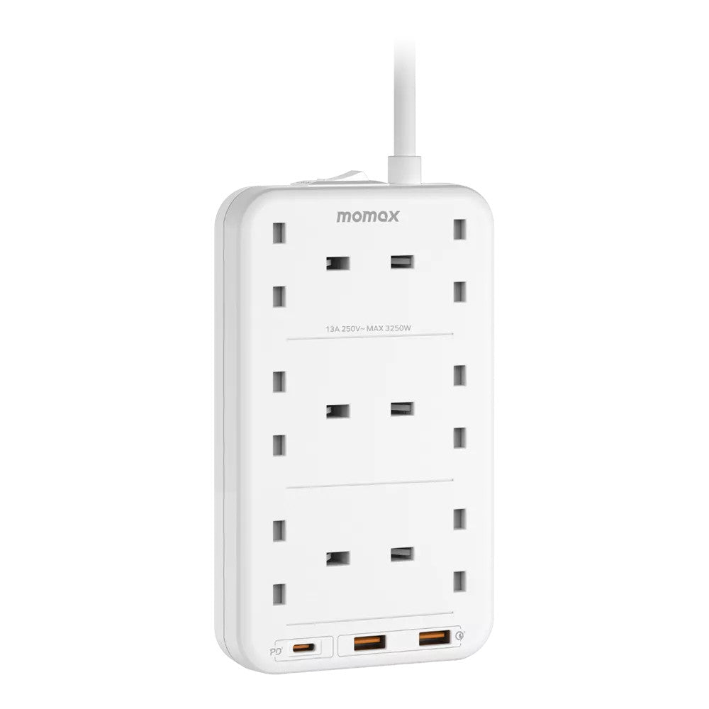 MOMAX OnePlug 6-Outlet Extension Plug Socket Power Strip with USB-C & 2x USB-A - 2m