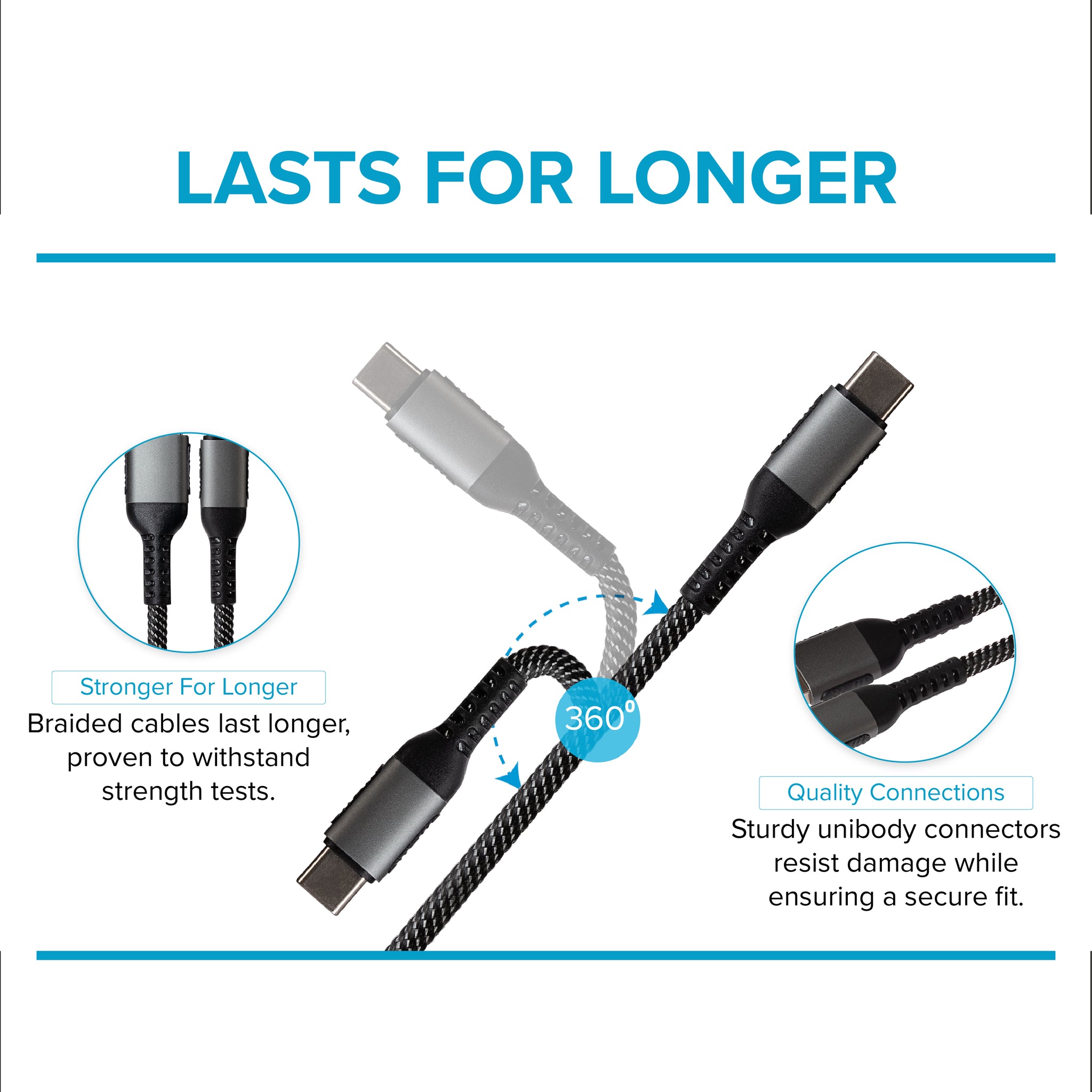 Maplin USB-C to USB-A Braided Cable - Grey, 2m (Pack of 4)