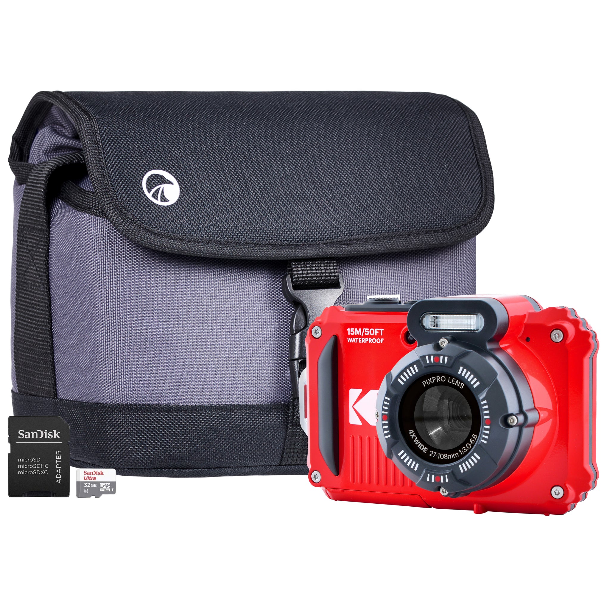 Kodak PIXPRO WPZ2 16MP 4x Zoom Tough Compact Camera Camera + Sandisk 32GB MicroSD Card + System Bag