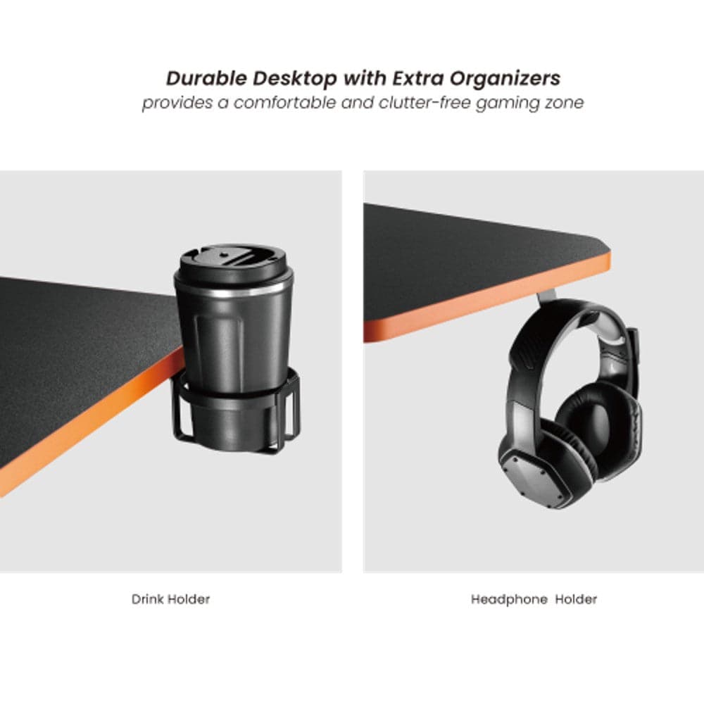 Maplin Gaming Desk with Headphone Hook & Cup Holder - Matte Black & Orange - maplin.co.uk