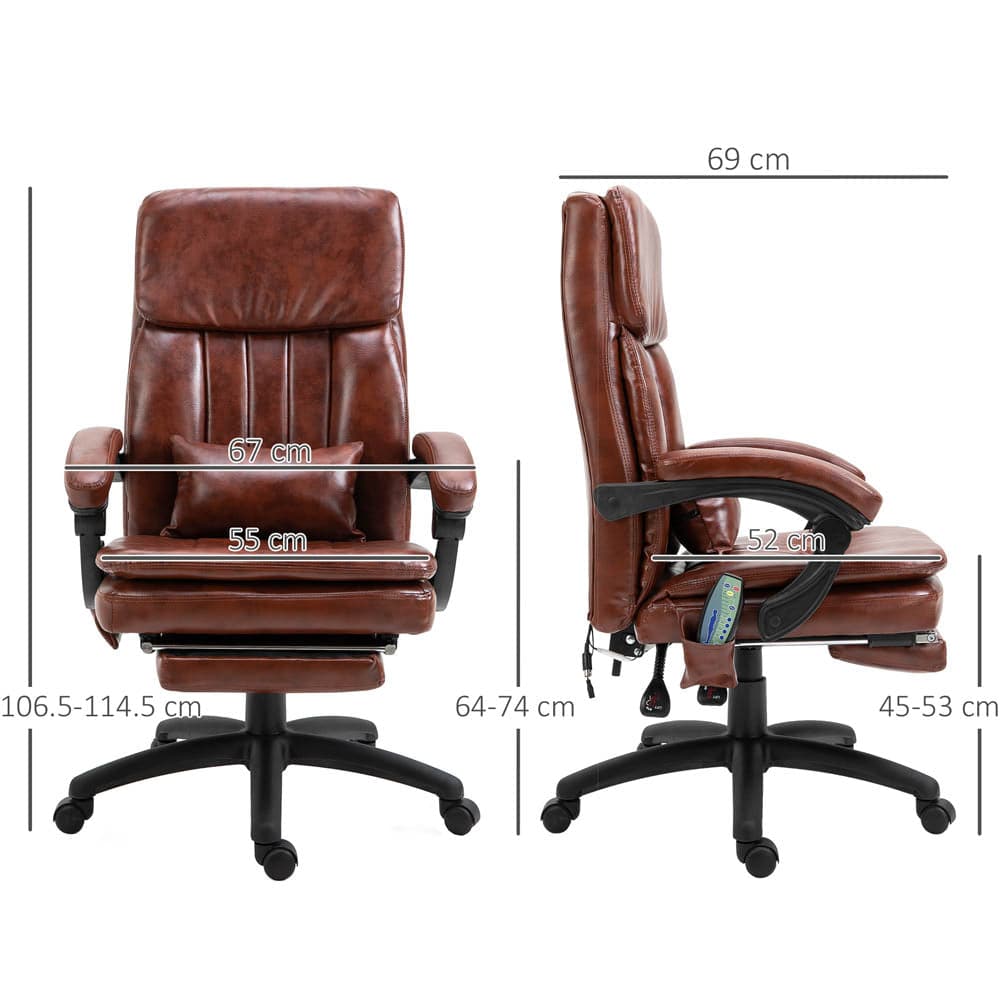 ProperAV Extra PU Leather Adjustable Reclining Executive Office Chair with 7 Point Vibrating Massage & Footrest - Brown - maplin.co.uk