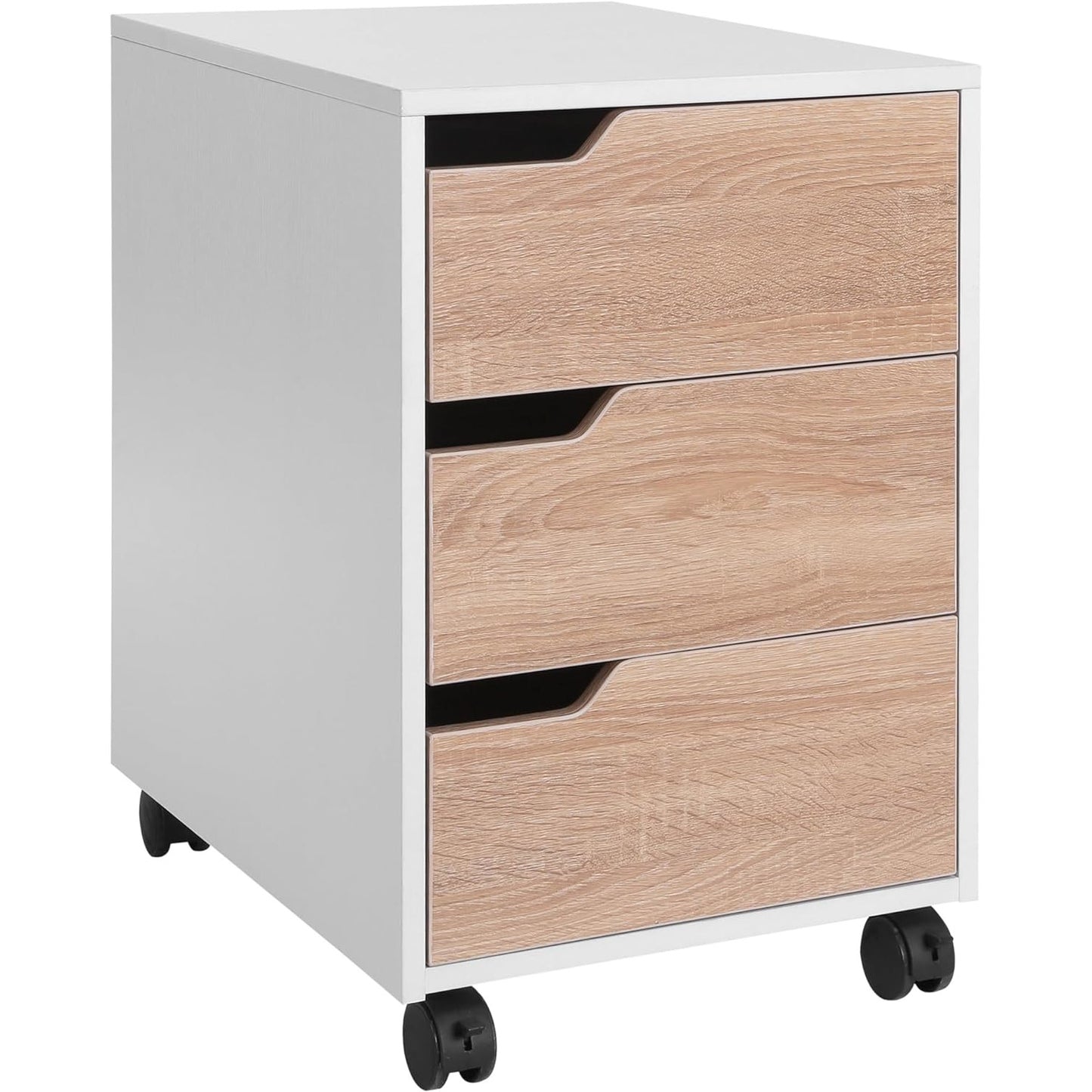ProperAV Extra 3 Drawer Mobile Filing Cabinet with Wheels - White & Oak - maplin.co.uk