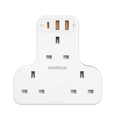 MOMAX OnePlug 3-Outlet Extension Plug Socket T-Shaped Power Strip with USB-C & 2x USB-A - White