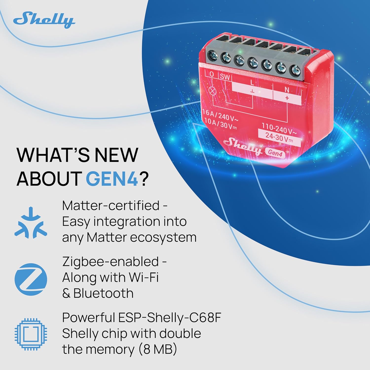 Shelly 1PM Gen4 WiFi/Zigbee-Operated Smart Switch with Power Monitoring (1 channel, 16A)