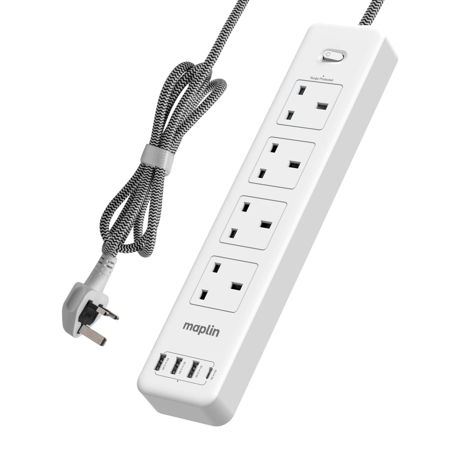 Maplin 2m 4-Socket UK Power Switch Extension Lead with 3x USB-A / 1x USB-C Ports - maplin.co.uk