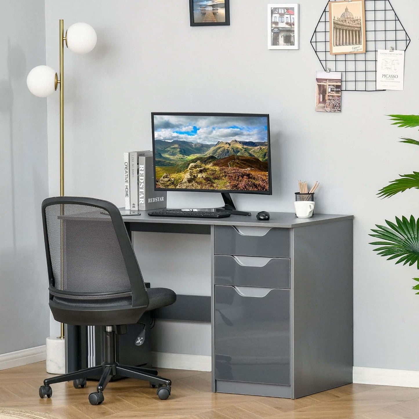 ProperAV Extra High Gloss Office Desk with Drawers & Storage Cabinet - Grey - maplin.co.uk