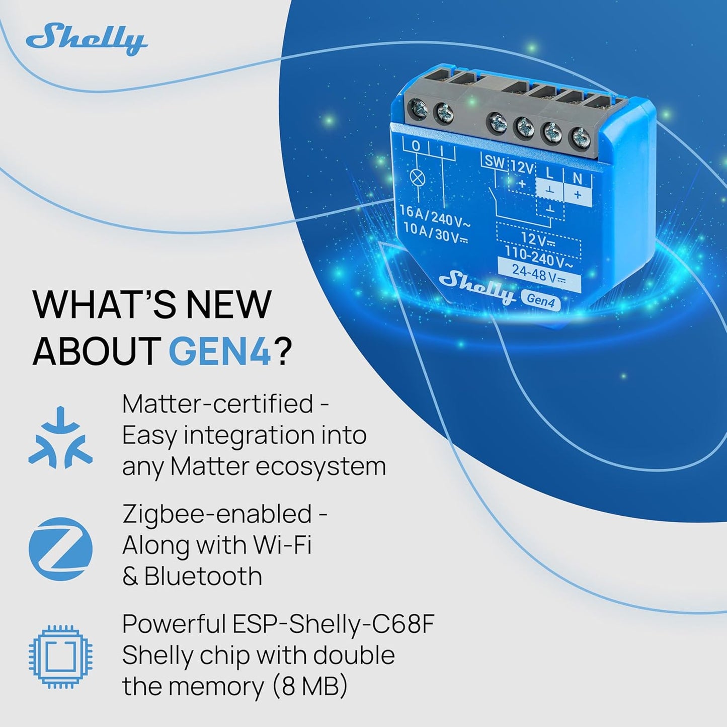 Shelly 1 Gen4 WiFi/Zigbee-Operated Smart Switch with Dry Contacts (1 channel, 16A)