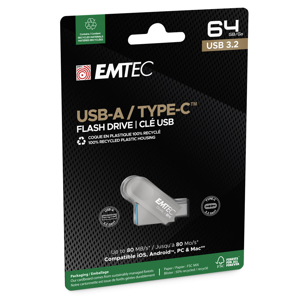 EMTEC 64GB Dual USB-A 3.2 / USB-C D280 Flash Drive