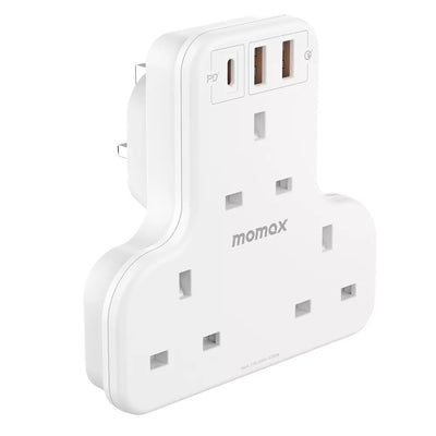 MOMAX OnePlug 3-Outlet Extension Plug Socket T-Shaped Power Strip with USB-C & 2x USB-A - White