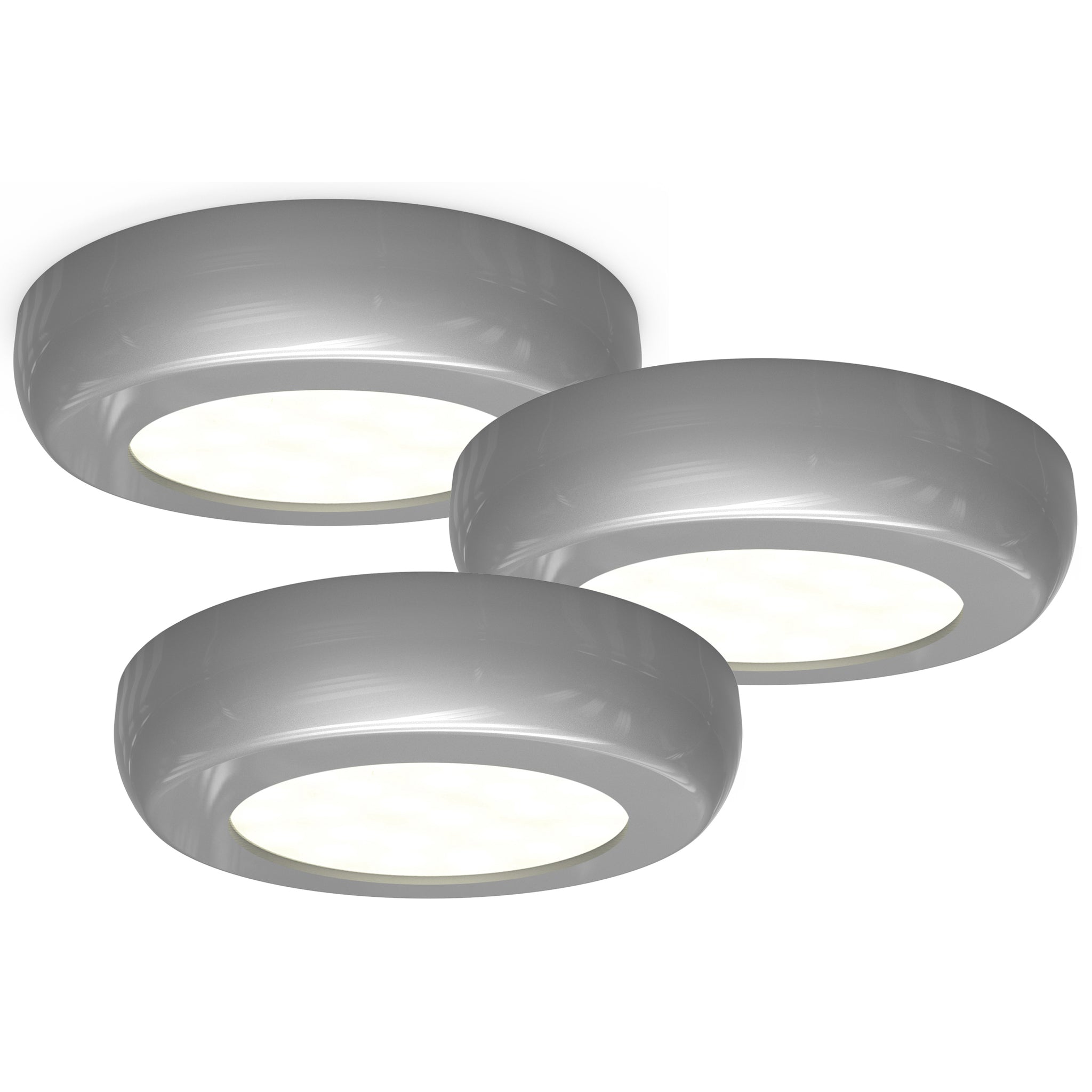 4lite Mains Powered Circle Cabinet LED Light - Silver Pack of 3