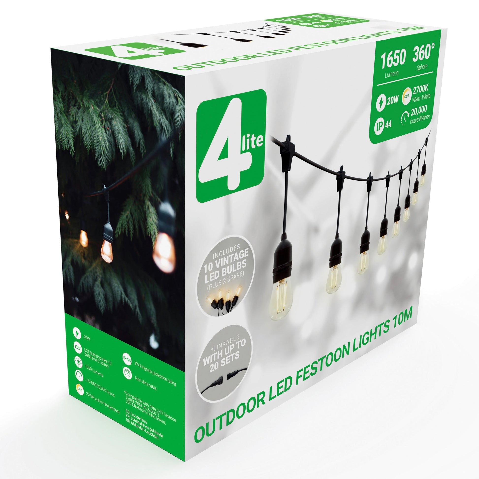 4lite Festoon Lighting Outdoor String Lamps with E27 Screw Warm White LED Bulbs - maplin.co.uk