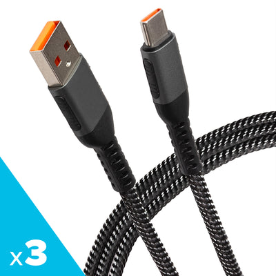 Maplin USB-C to USB-A Braided Cable - Grey, 2m (Pack of 3)