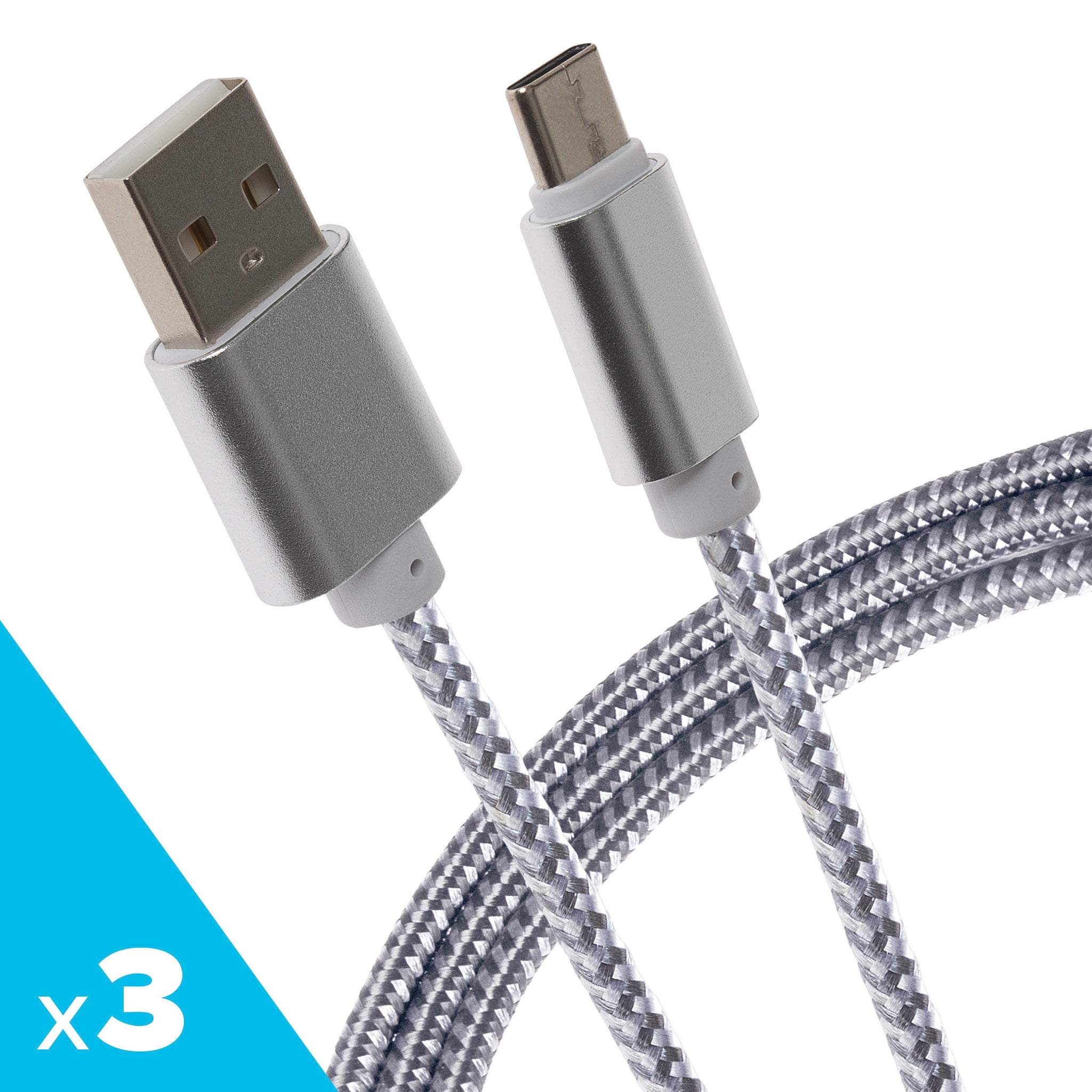 Maplin USB-C to USB-A Braided Cable - Silver, 3m (Pack of 3)