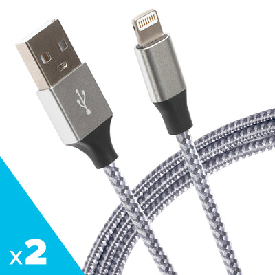 Maplin Lightning Connector to USB-A Braided Cable - Silver, 1m (Pack of 2)