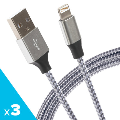 Maplin Lightning Connector to USB-A Braided Cable - Silver, 1m (Pack of 3)