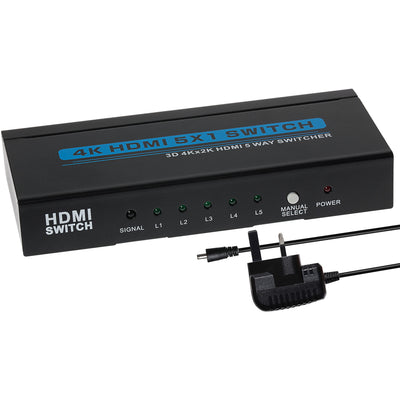 MPS HDMI Switch 5 Ports in 1 Port out 4k 30Hz Resolution with Remote Control - Black - maplin.co.uk