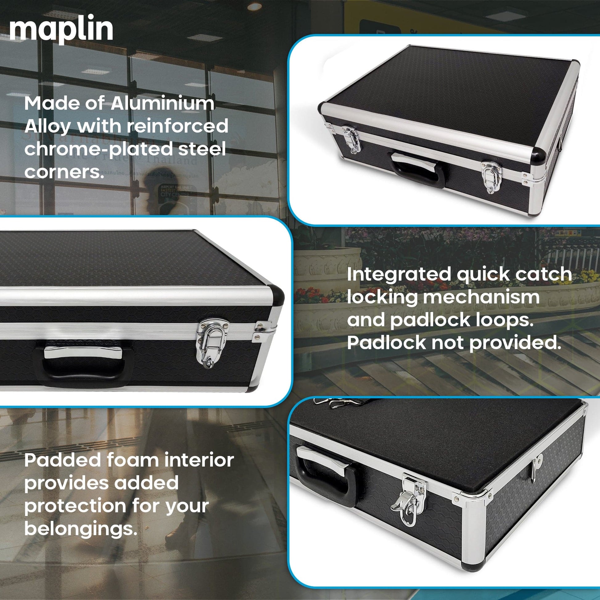 Maplin Plus Aluminium 150 x 460 x 330mm Flight Case with Shoulder Strap - Black - maplin.co.uk