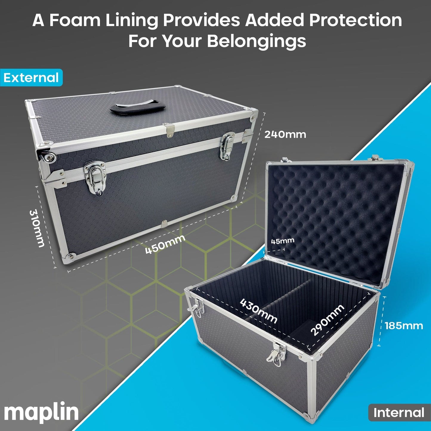 Maplin Plus Aluminium 240 x 450 x 310mm Flight Case with Internal Divider - Grey - maplin.co.uk