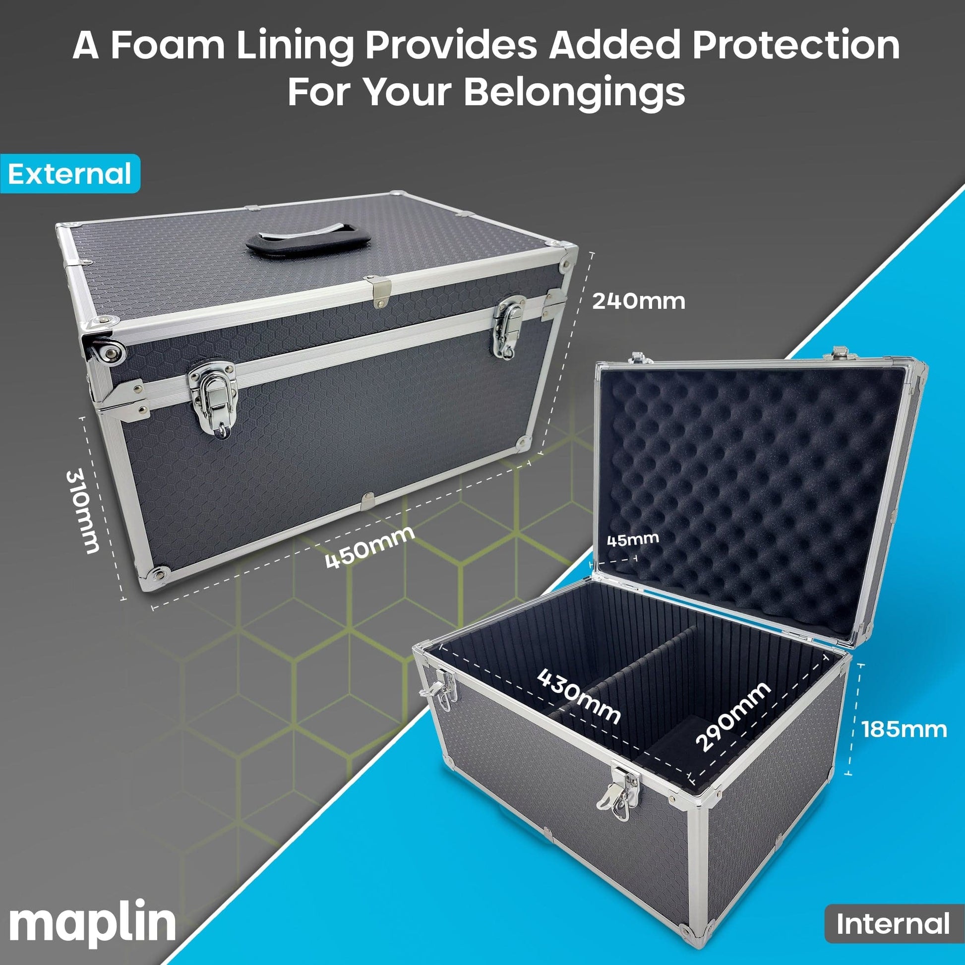 Maplin Plus Aluminium 240 x 450 x 310mm Flight Case with Internal Divider - Grey - maplin.co.uk